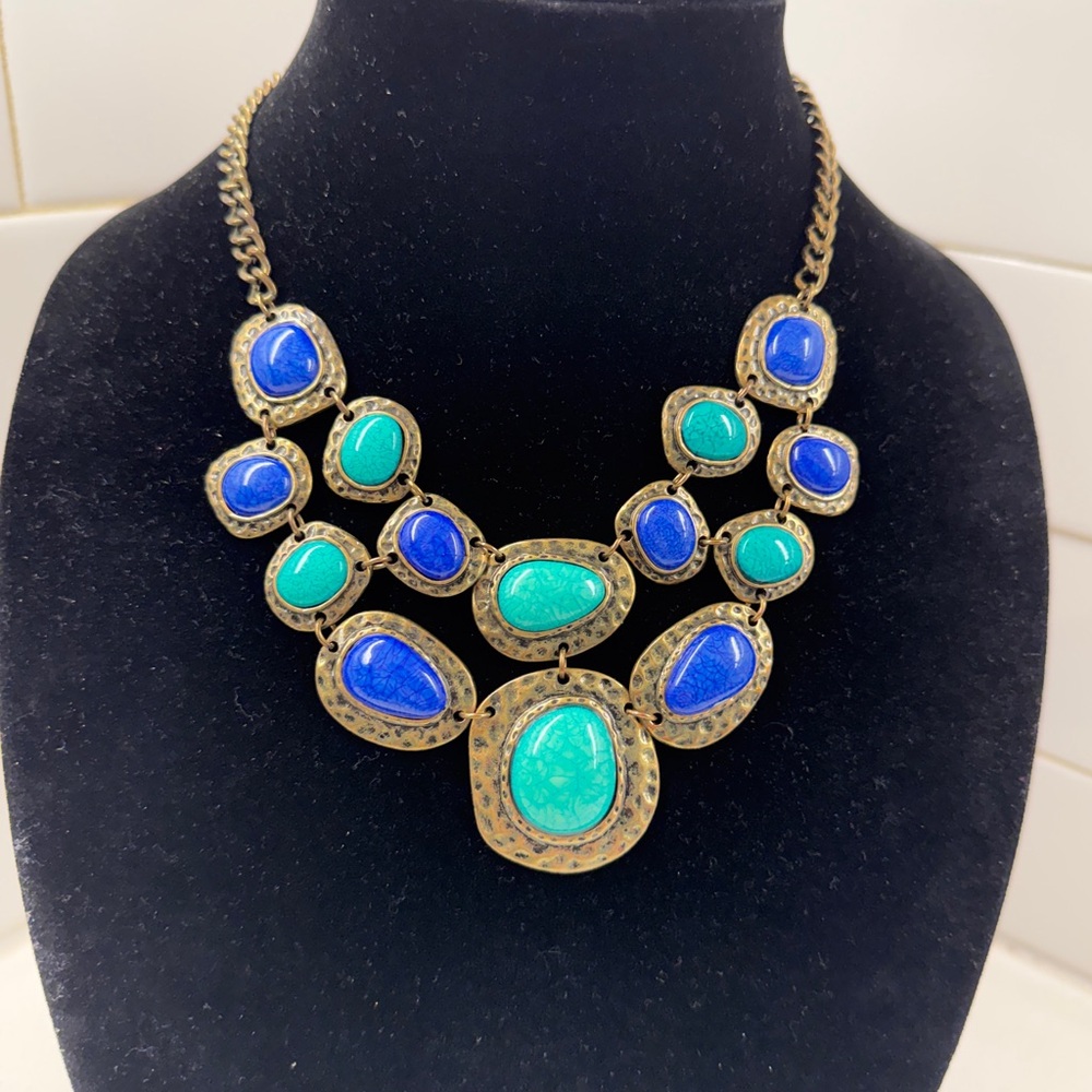 Hammered Metallic Blue and Green Statement Necklace